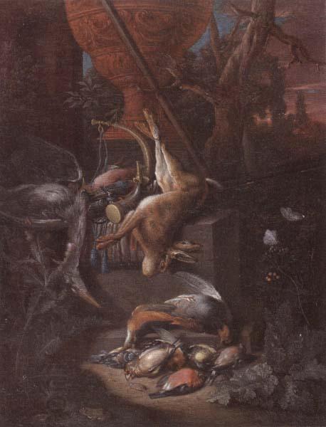 Pieter Gijsels A game still life of a hung hare,a brace of birds,a shotgun,hunting horn,and other objects,all arranged on a stone plinth and set in a landscape
